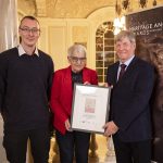 Joe Mahon presenting the Heritage Angel Award for ‘Best Research, Interpretation or Recording of a Historic Building or Place’ to Isobel Hylands of the Friends of Shankill Graveyard) and David Weir of the Lurgan Townscape Heritage Scheme. Image courtesy of the Ulster Architectural Heritage Society.